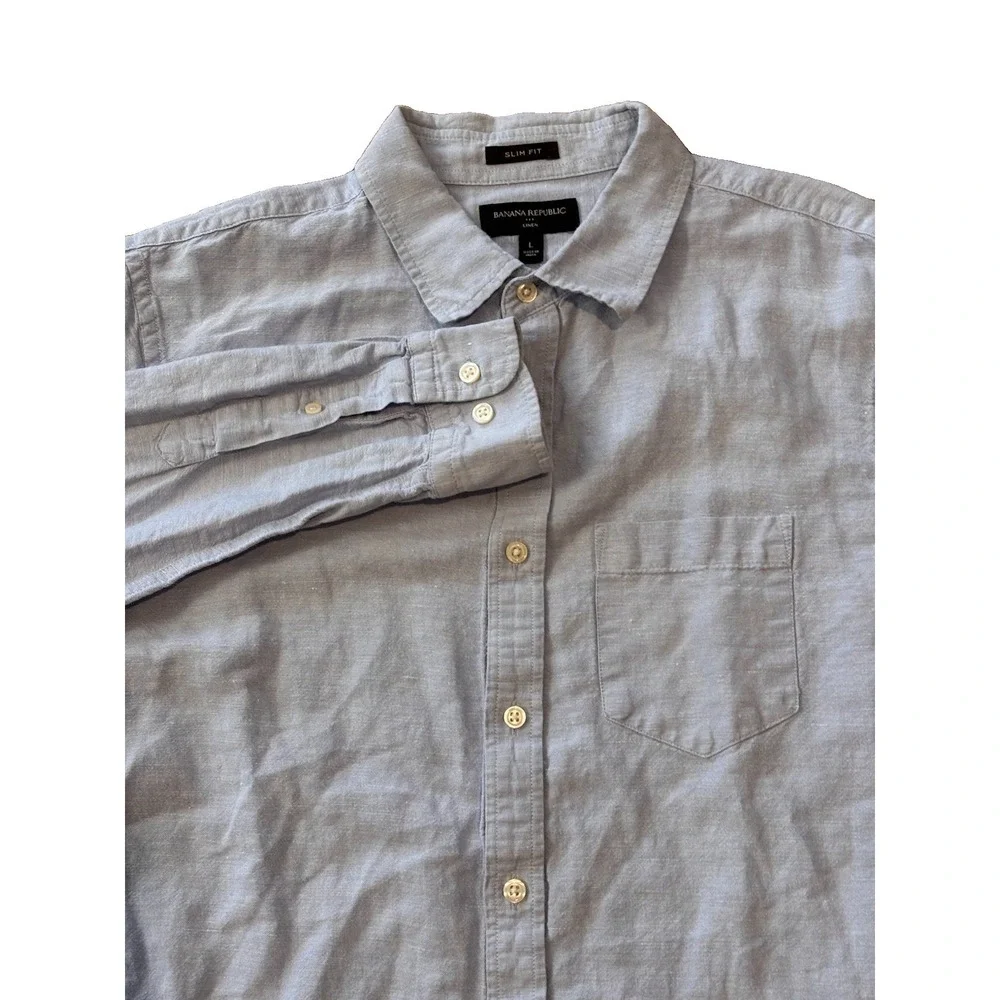 Banana Republic Mens L Blue Slim Fit Linen Cotton Button Up Shirt Beach Wedding